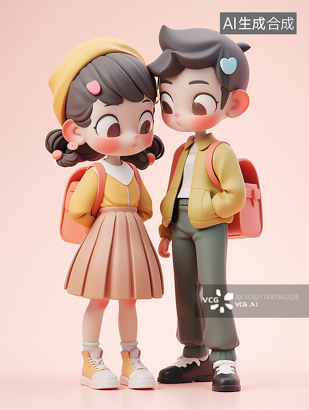 【AI数字艺术】白色背景下一对可爱的小情侣娃娃3d盲盒泡泡玛特图片素材