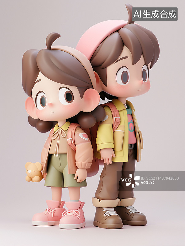 【AI数字艺术】白色背景下一对可爱的小情侣娃娃3d盲盒泡泡玛特图片素材