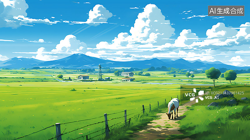 【AI数字艺术】夏季草原天空风车场景插画图片素材