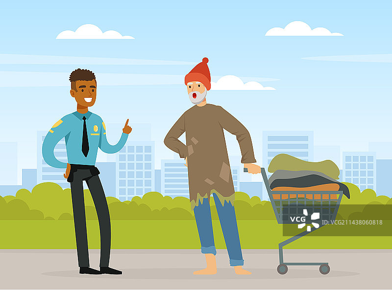 衣衫褴褛、推着车的流浪汉在与人交谈图片素材