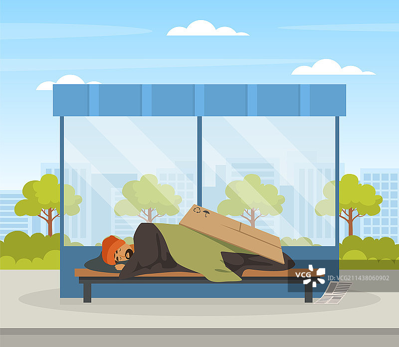 无家可归的男人睡在公交车站图片素材