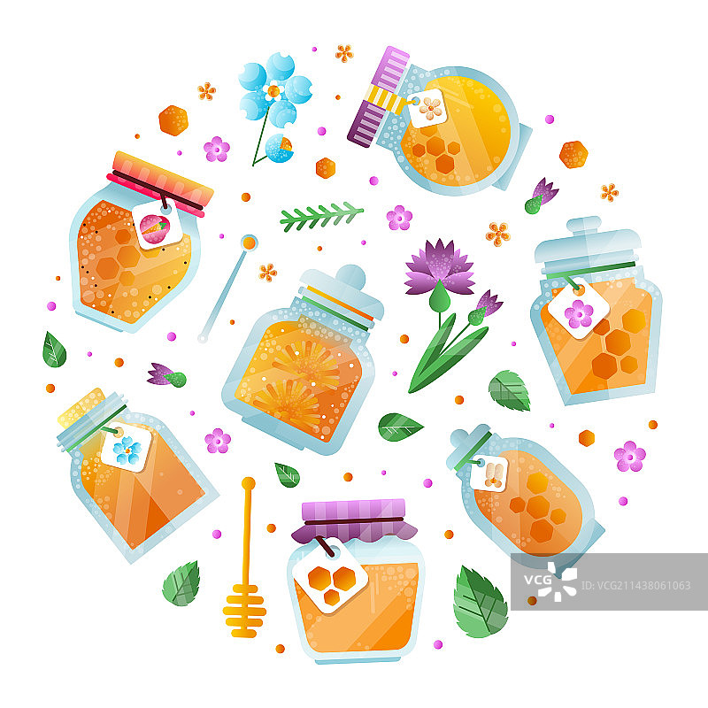 带有纯天然玻璃罐的蜂蜜设计图片素材