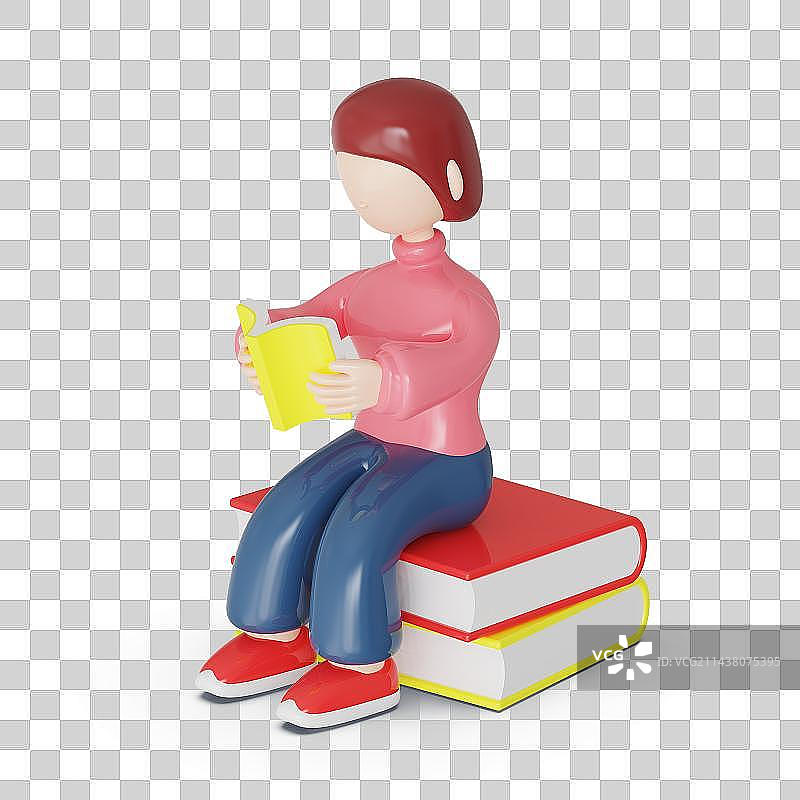 女生坐在书本上阅读三维插画图片素材