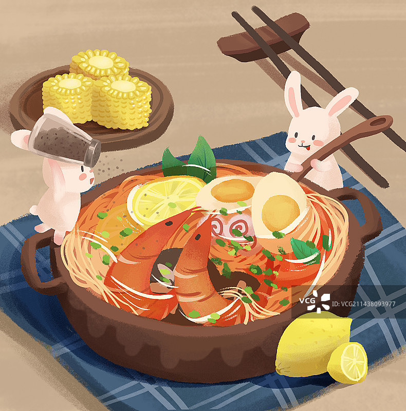 烹饪拉面的兔子和椒盐玉米图片素材