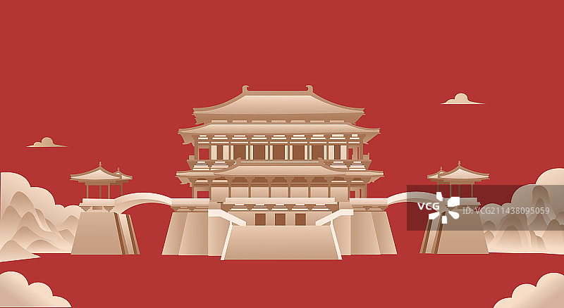 红金西安大唐芙蓉园，西安庆典插画，新年春节双十一双十二金融插画图片素材