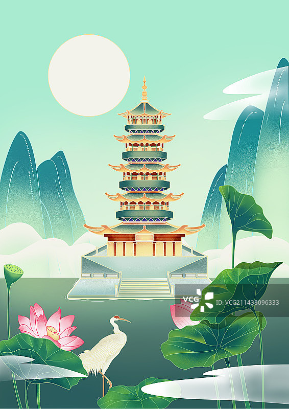 新中式建筑插画雷峰塔图片素材