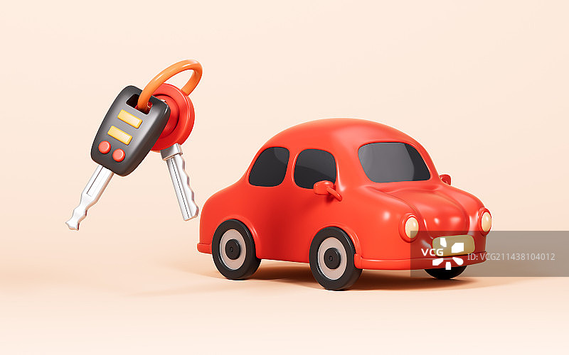 卡通小汽车和钥匙模型3D渲染图片素材