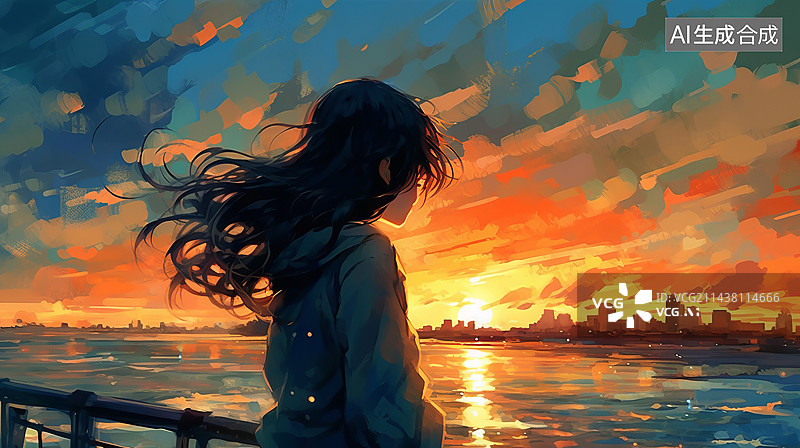 【AI数字艺术】海边看夕阳图片素材