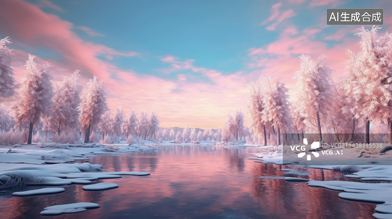 【AI数字艺术】冬季冰河雾凇粉色天空图片素材