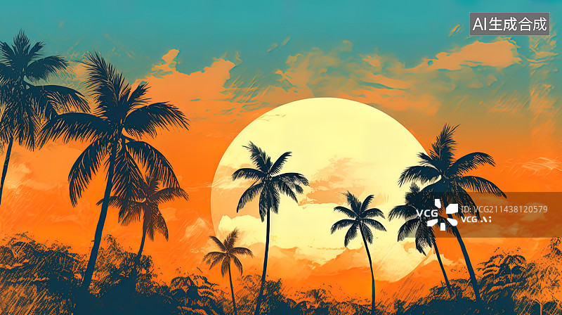 【AI数字艺术】水彩风格椰林风景插画图片素材