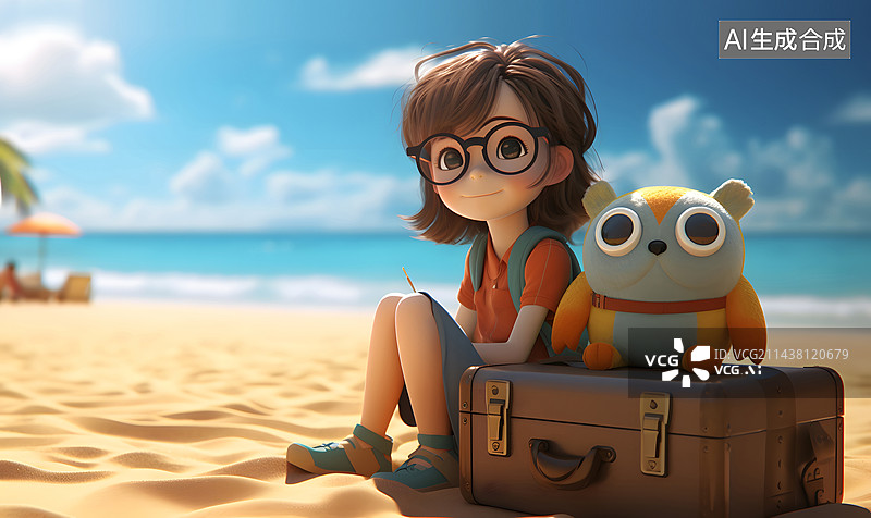 【AI数字艺术】儿童玩偶带着行李再沙滩玩耍图片素材