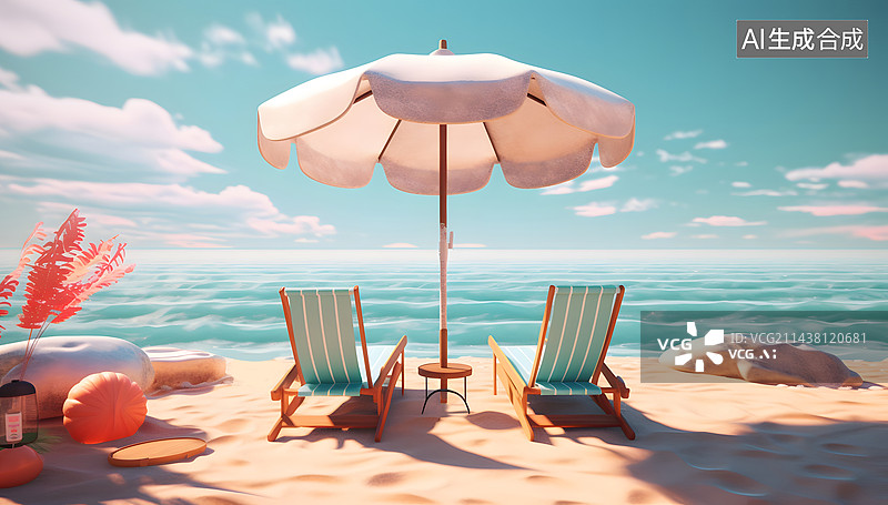 【AI数字艺术】立体3D海沙滩伞椅子图片素材
