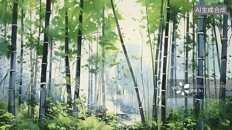 【AI数字艺术】水彩风格竹林风景插画图图片素材