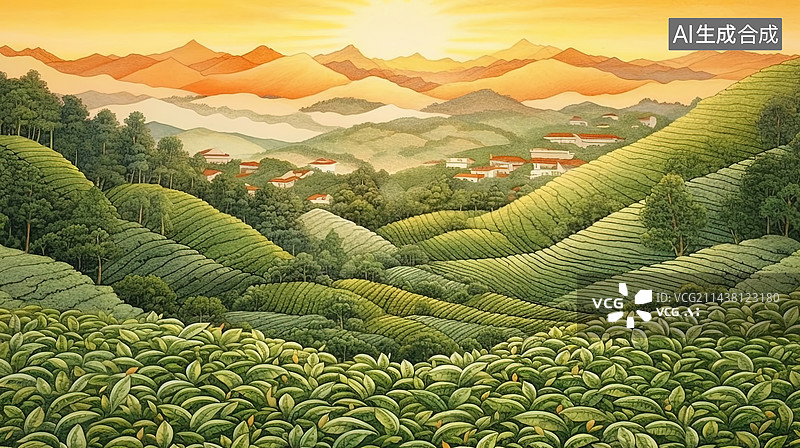 【AI数字艺术】水彩风格茶园茶山手绘插画图图片素材