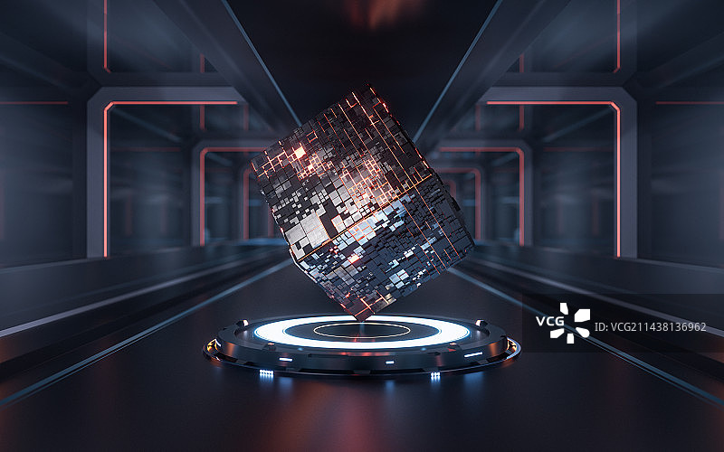 芯片方块与科技感背景3D渲染图片素材