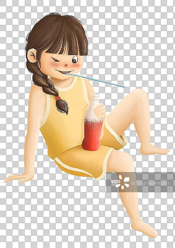 夏天喝汽水的的长发辫子女孩图片素材
