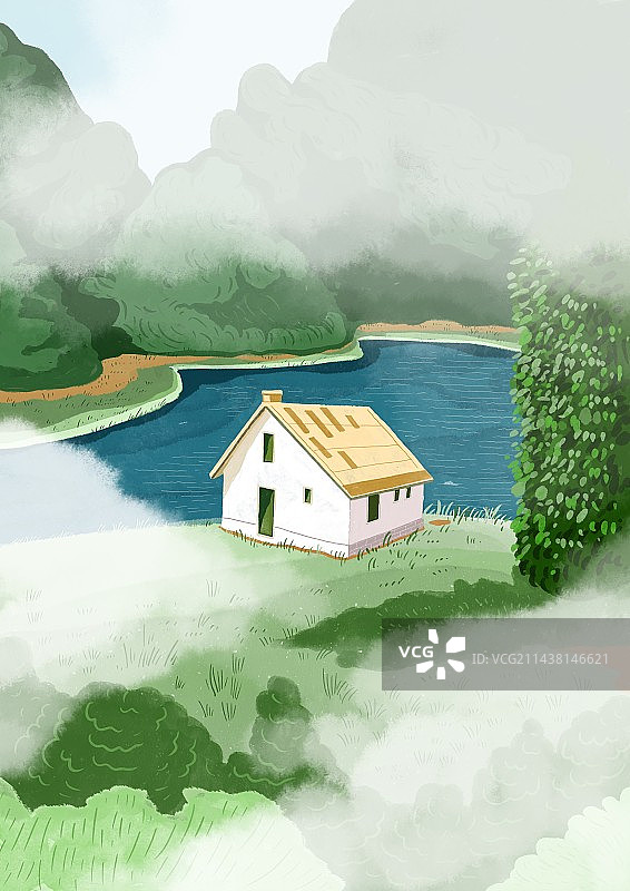 插画：湖边小屋图片素材