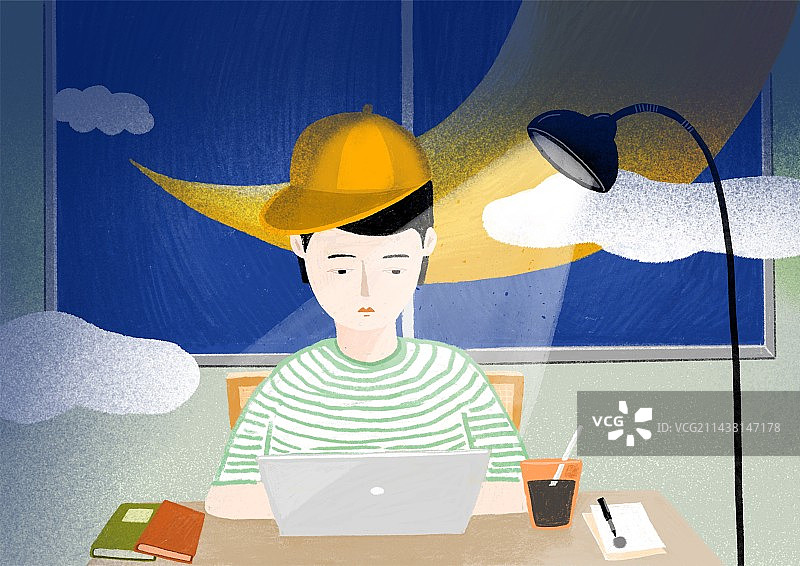 插画：夜晚独自加班的人图片素材