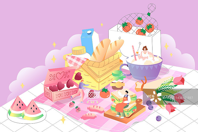 卡通夏季夏天奶茶餐饮食物美食蛋糕面包饮料下午茶促销西餐甜点水果茶饮花卉消费券网购电商渐变矢量插画图片素材