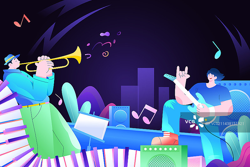 卡通夏季夏天情侣约会花卉朋友聚会派对休闲娱乐音乐节商场摇滚乐队电音节电商科技概念唱片背景渐变矢量插画图片素材