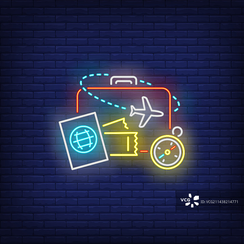 行李箱机票地图指南针霓虹灯标志图片素材
