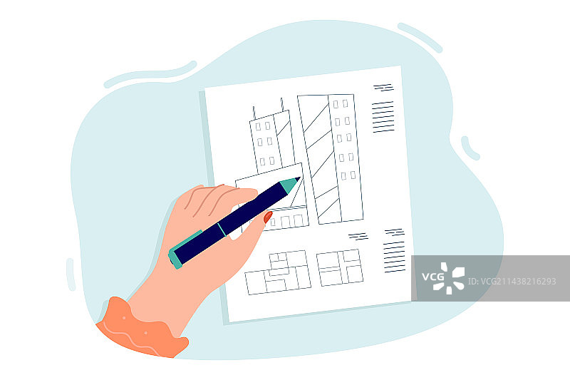 女人手持笔绘制蓝图图片素材