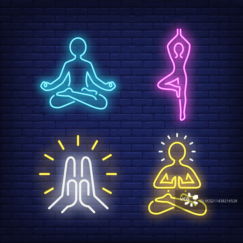 人们冥想和做瑜伽霓虹灯标志套装图片素材