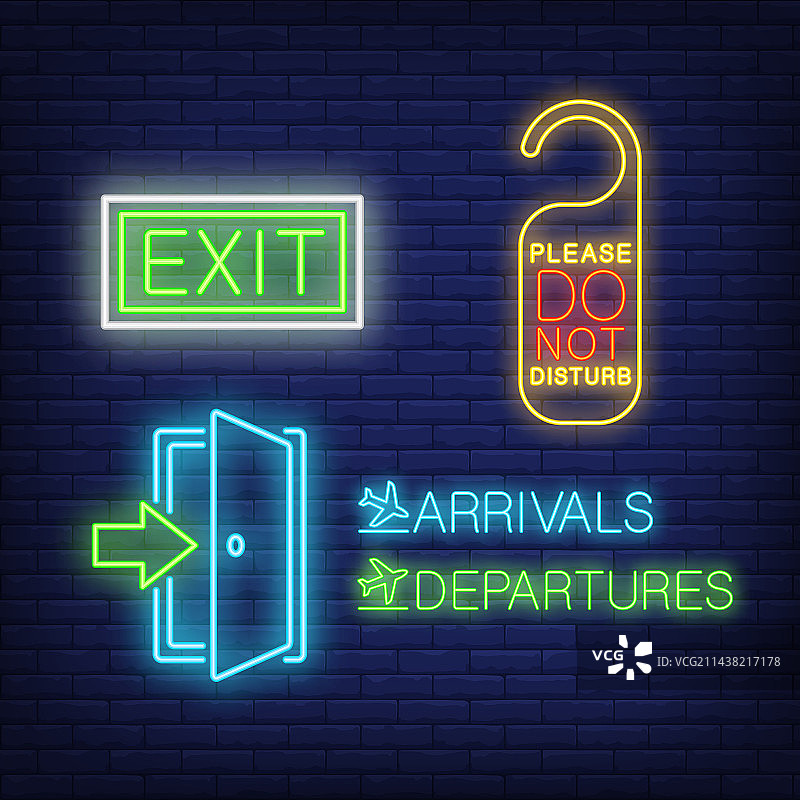 航空旅行霓虹灯标志出口门套装图片素材