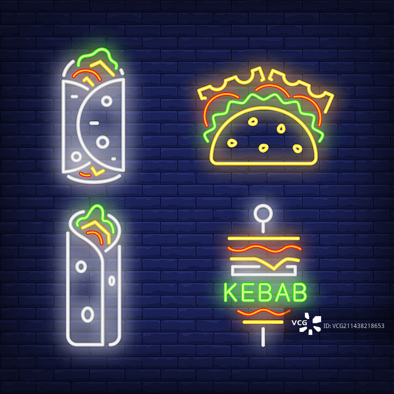 墨西哥卷饼和烤肉串霓虹灯标志套装图片素材