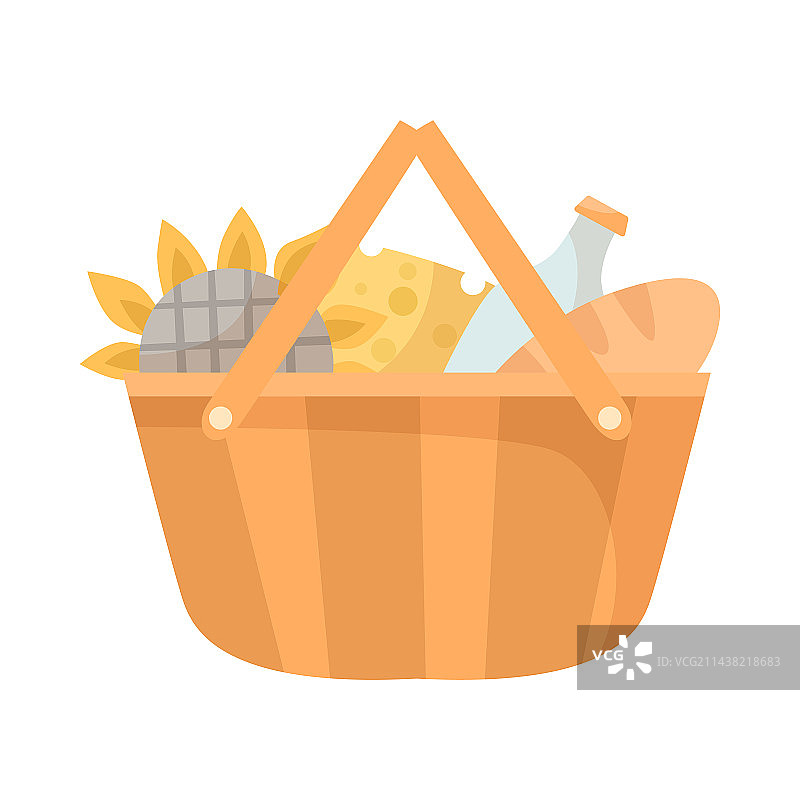 向日葵和食物卡通木篮图片素材