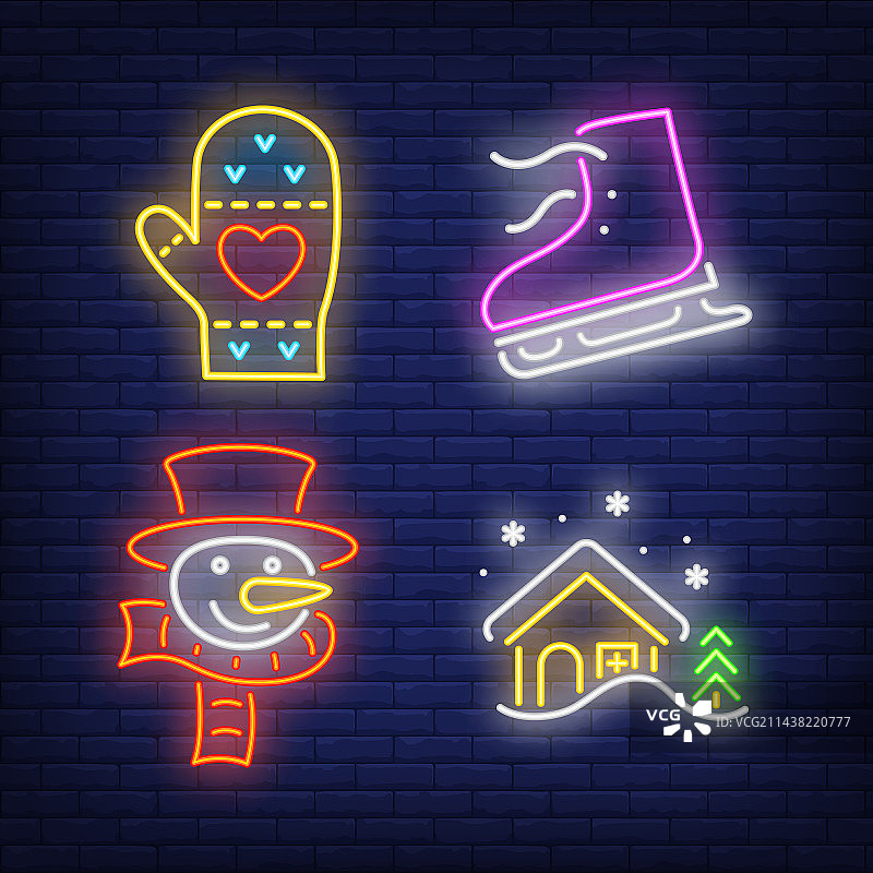 冬季活动霓虹灯标志：手套与雪景图片素材