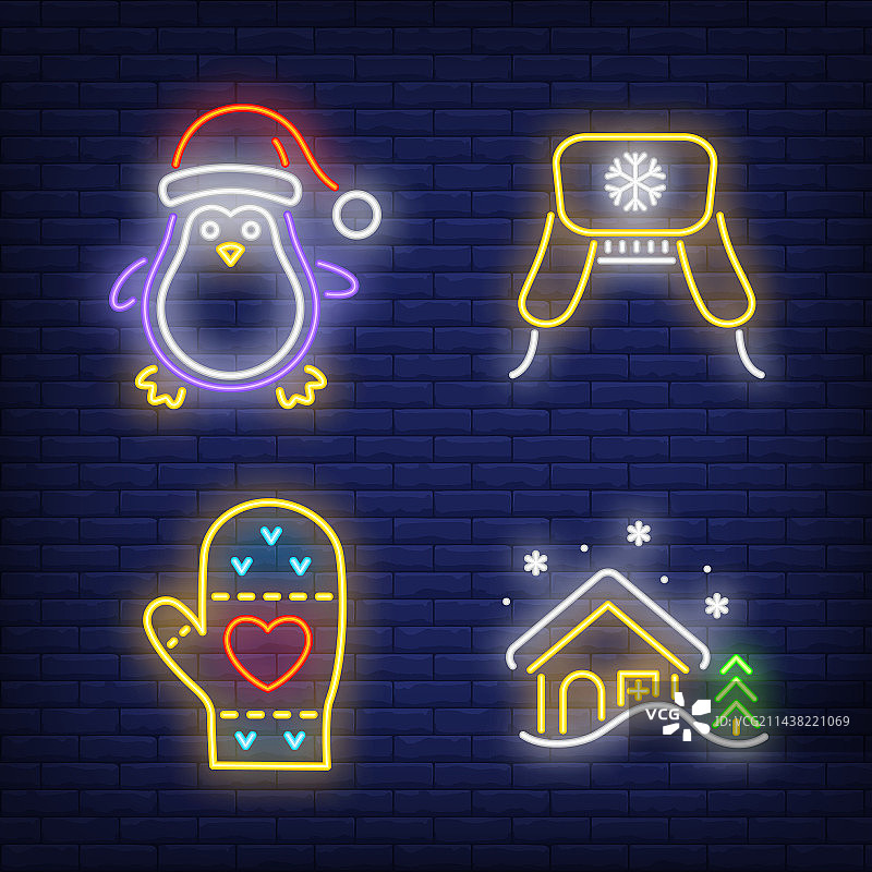 冬季节日霓虹灯标志套装圣诞企鹅图片素材