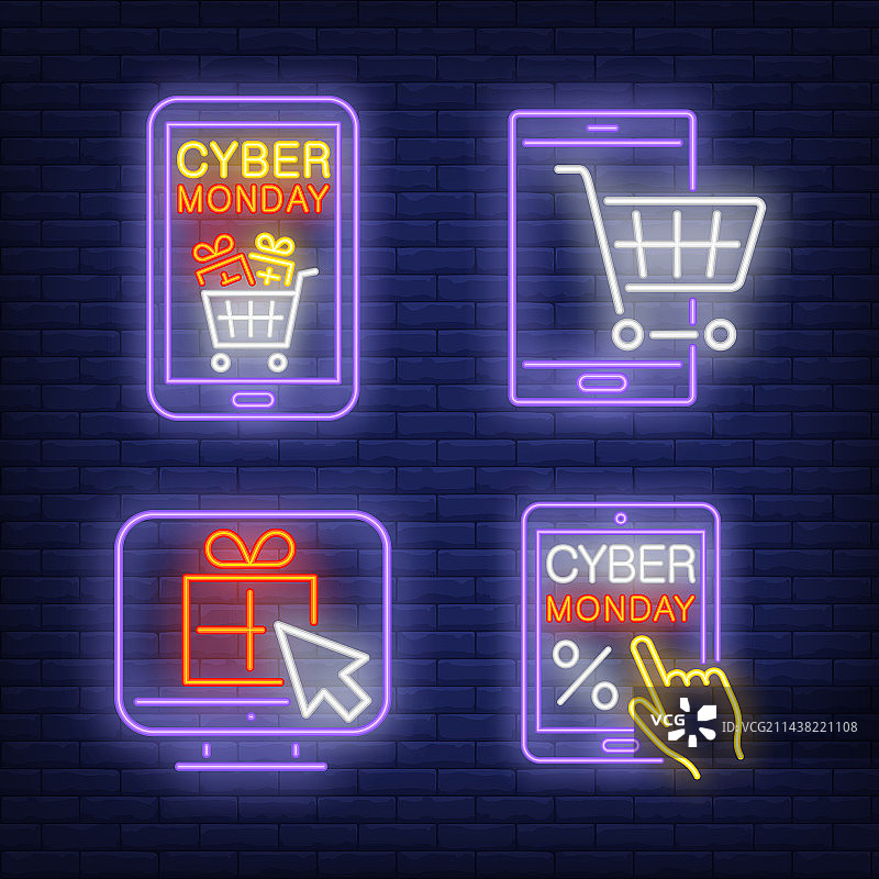 网上购物电脑设备和购物车霓虹灯图片素材