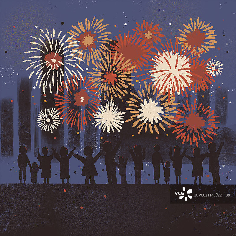 手绘烟花节日国庆中秋春节庆典夜晚城市扁平肌理插画图片素材