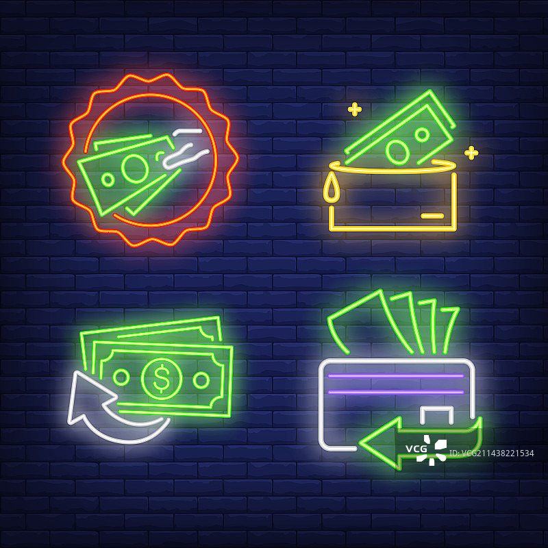 信用卡钱包和纸币霓虹灯标志图片素材