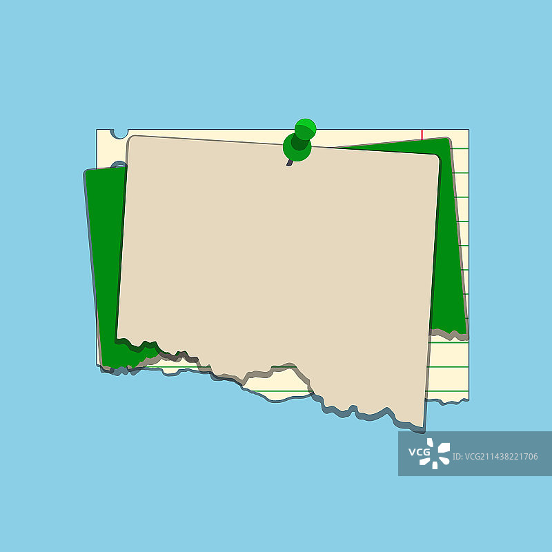 用绿色图钉固定的不同纸张图片素材