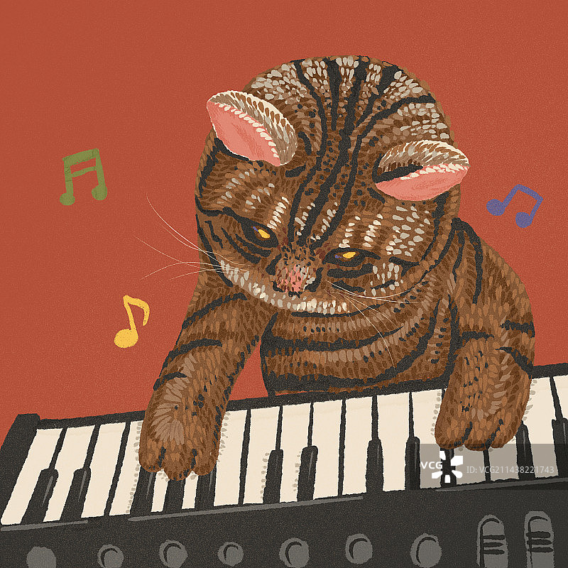 复古可爱猫咪钢琴电子琴音乐手绘头像插画图片素材