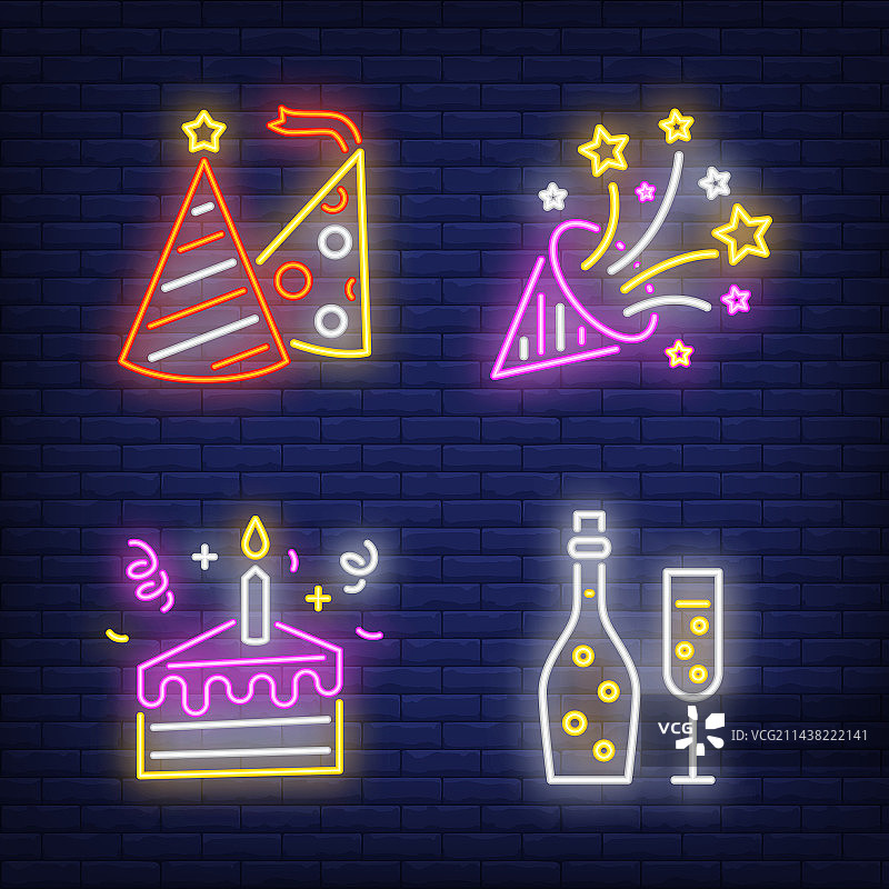 霓虹生日派对霓虹灯牌，蛋糕蜡烛图片素材