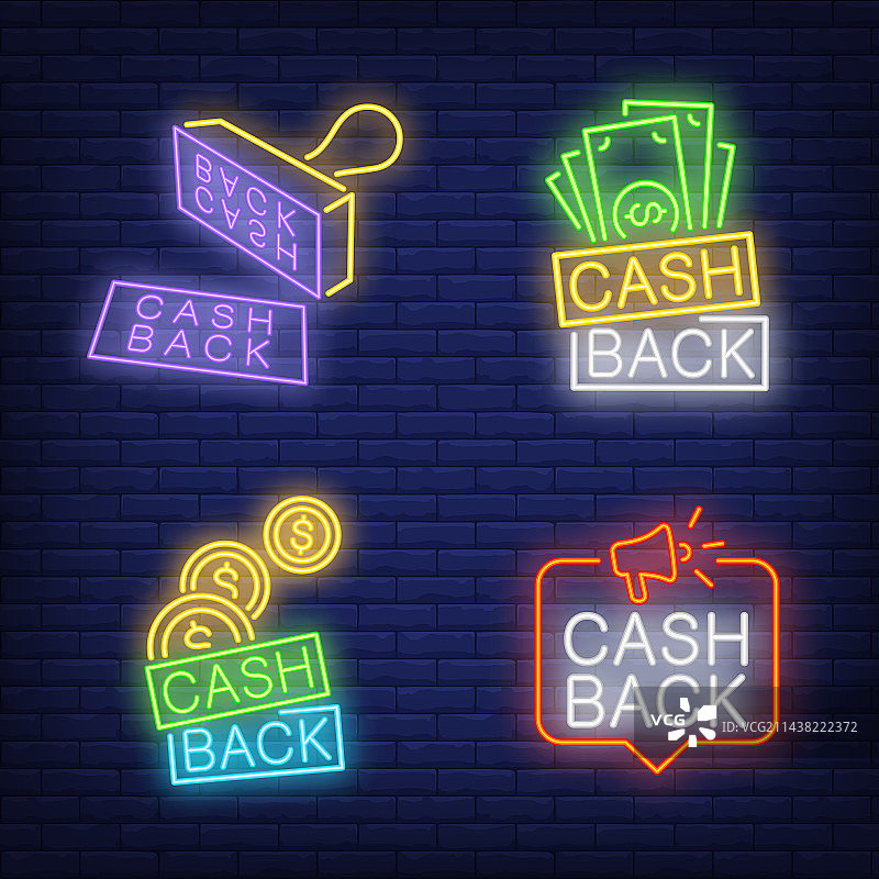 霓虹灯牌：现金返还、印章和硬币图片素材