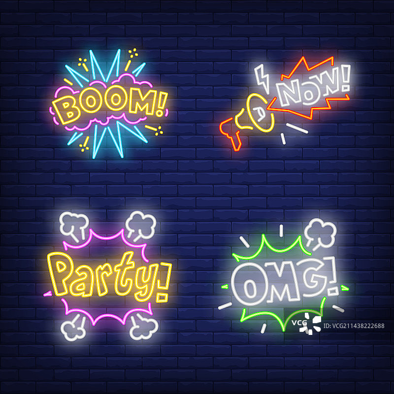感叹号霓虹灯标志集：砰、现在、派对图片素材