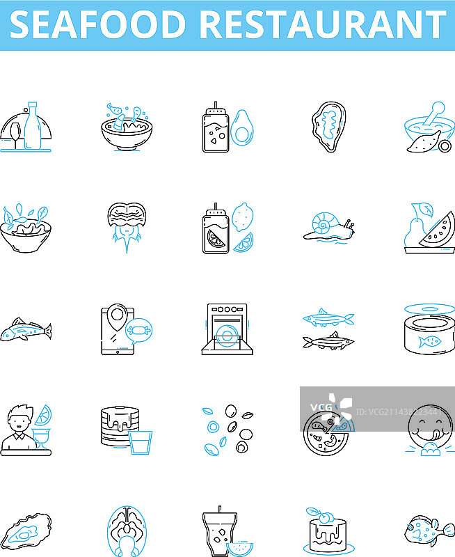海鲜餐厅线性图标集图片素材
