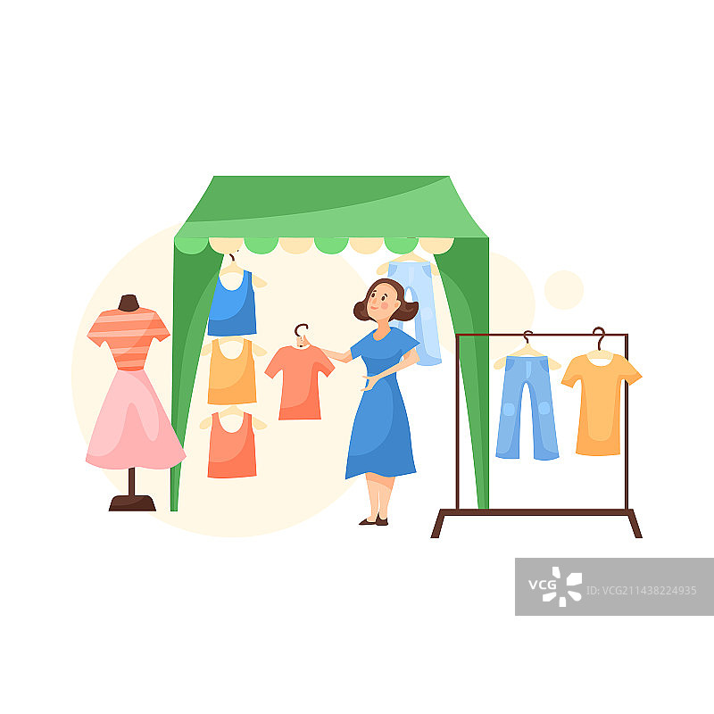 带有服装和女性售货员的展位扁平设计图片素材