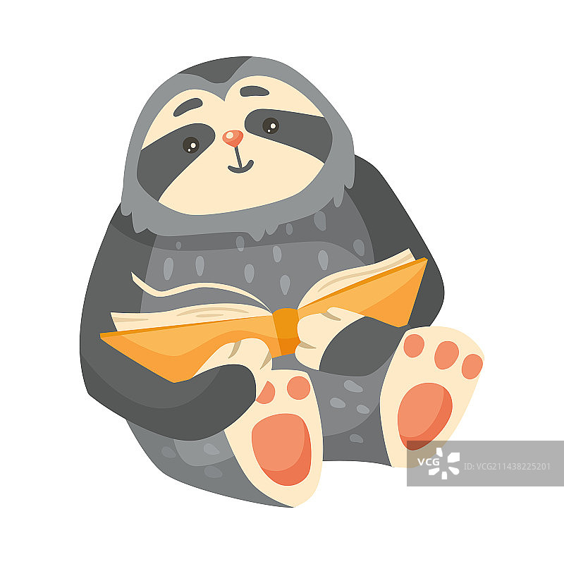 可爱的卡通树懒角色阅读插画图片素材