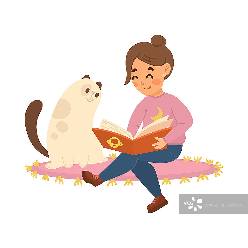 快乐的女孩和猫咪一起看书卡通图片素材