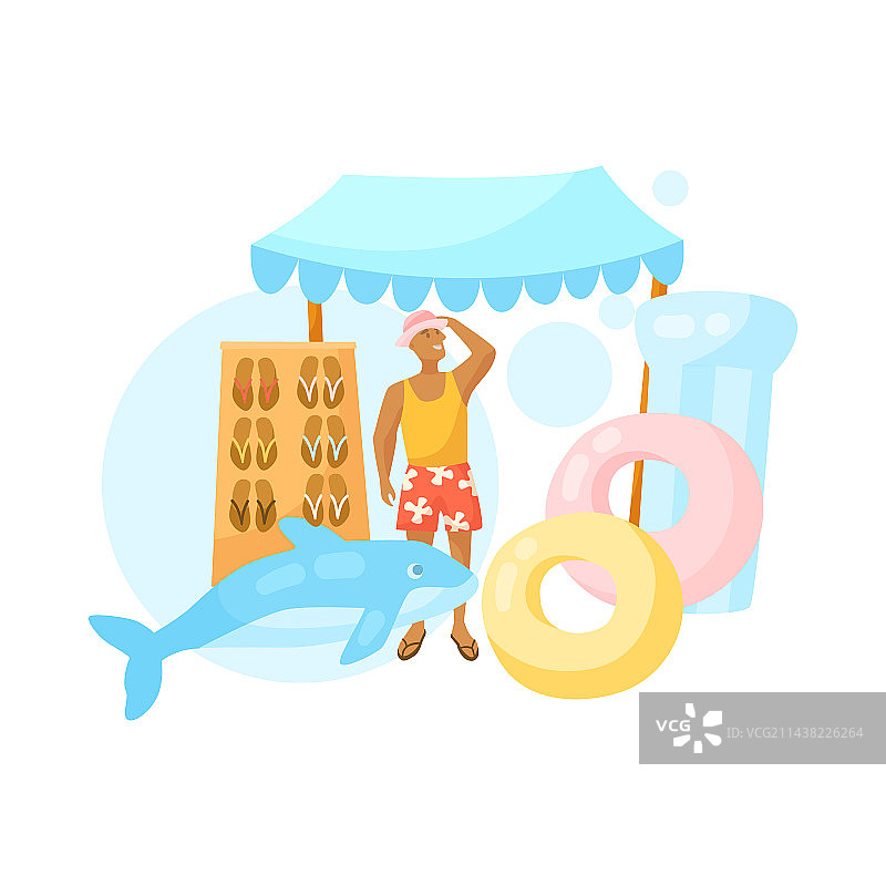 夏季商品摊位与男性售货员图片素材