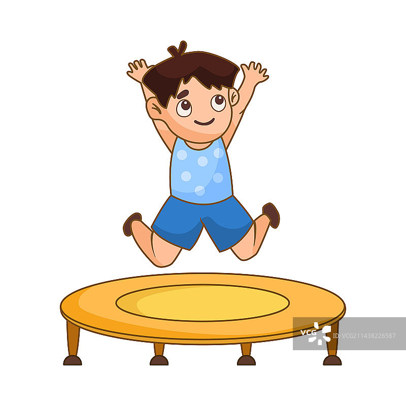 在黄色蹦床上跳跃的卡通小男孩图片素材