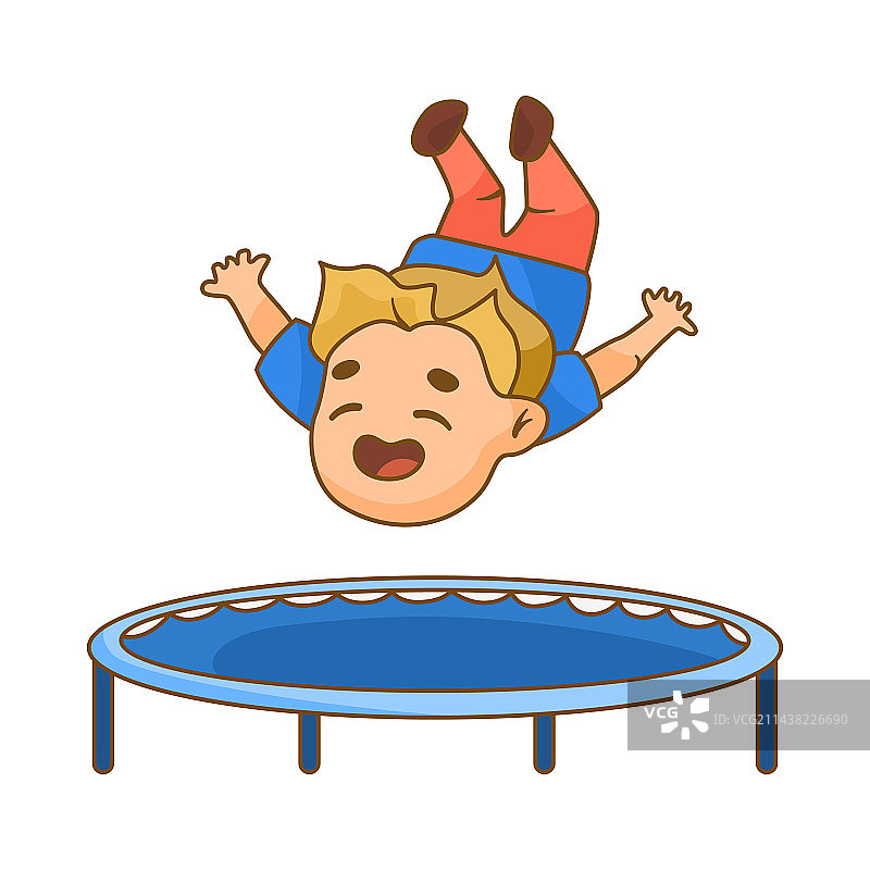 在蓝色蹦床上跳跃和摔倒的小男孩图片素材