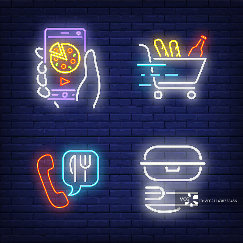 餐食在线电话订购和食物购物车霓虹灯图片素材