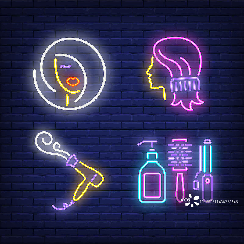 女性头像和美发配饰霓虹灯图片素材