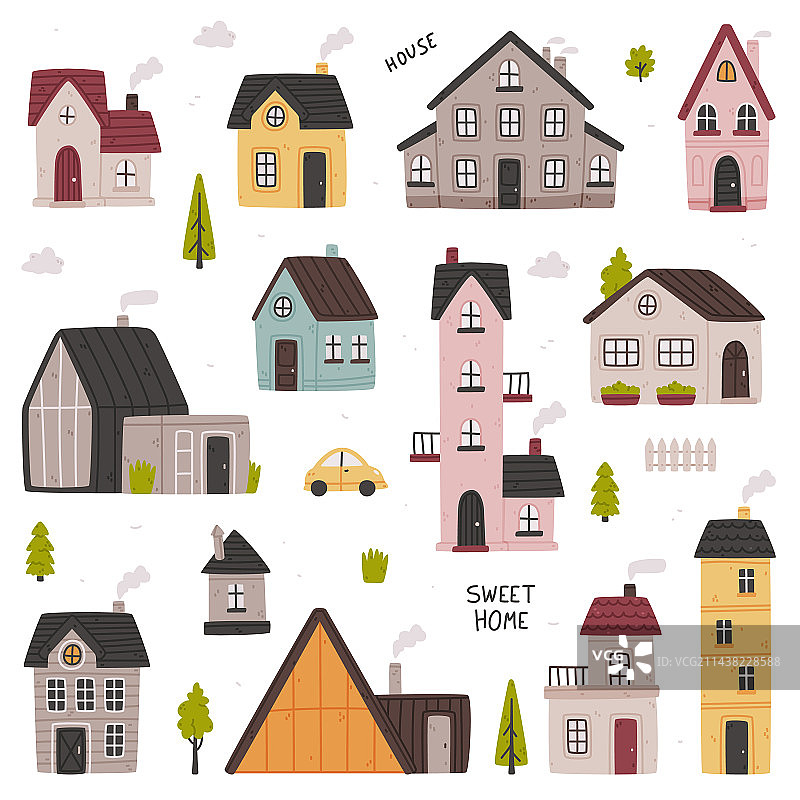 舒适的带屋顶和冒着烟囱的迷你房子图片素材